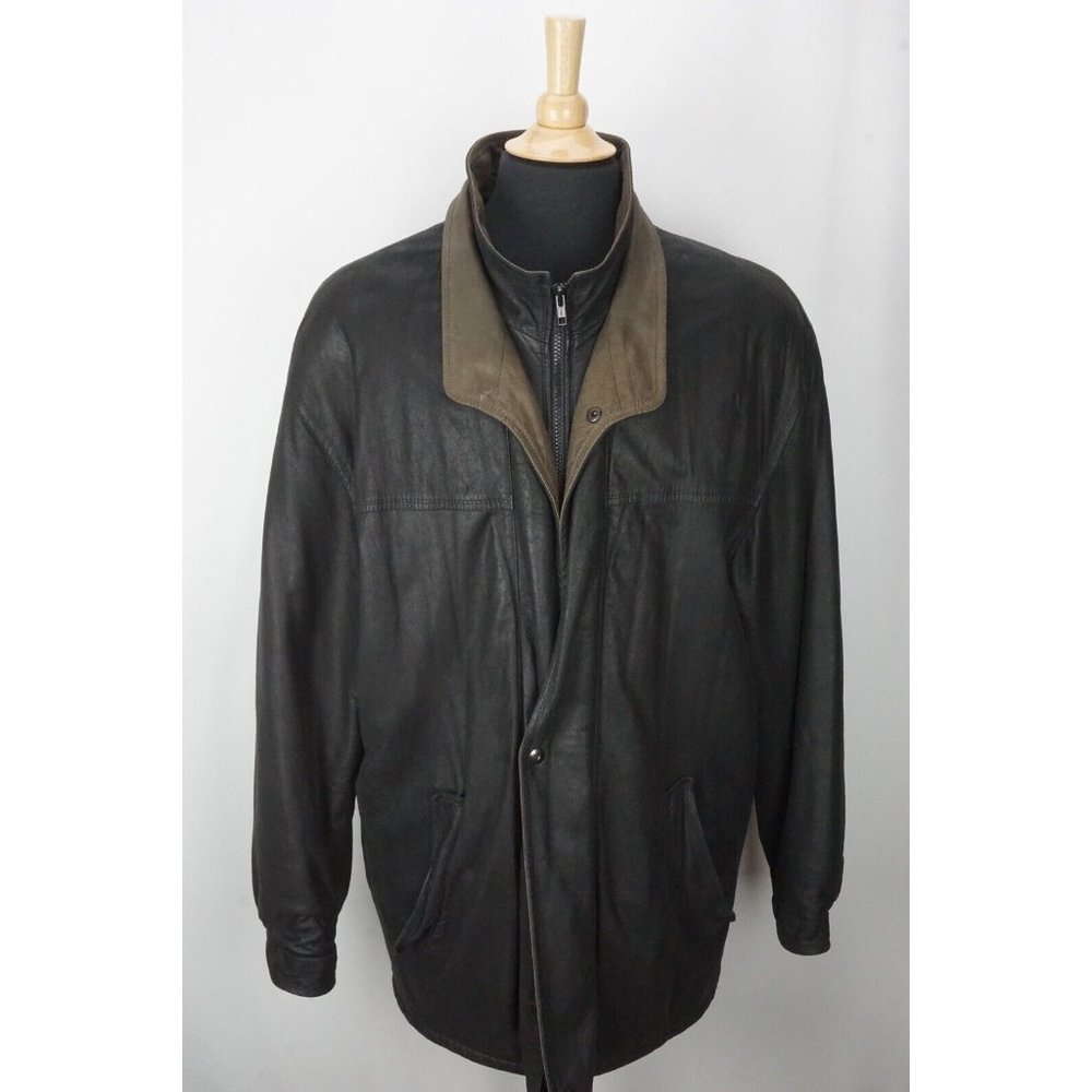 Remy Black Brown Double Collar Leather Mens Jacket Coat Sz 42